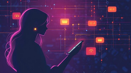 A professional using a smartphone to develop a chatbot icon, with a backdrop of digital data representing software innovation