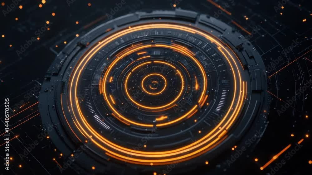 Poster abstract digital interface with glowing orange lines and circular patterns in a dark futuristic envi