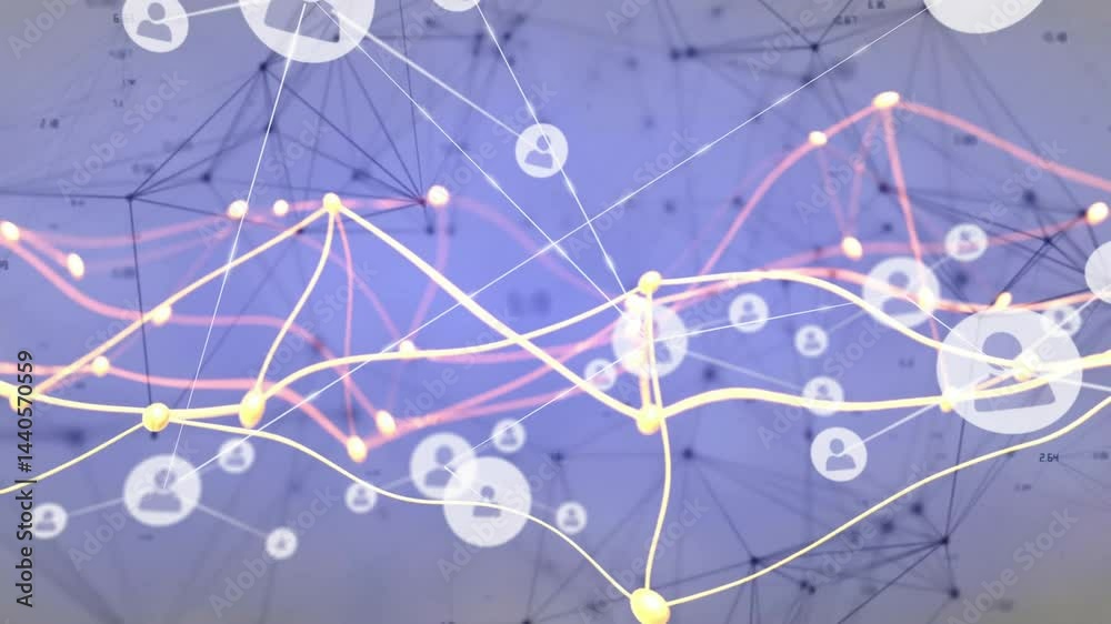 Poster technology network visualizing glowing nodes linking user avatars with numeric data overlays