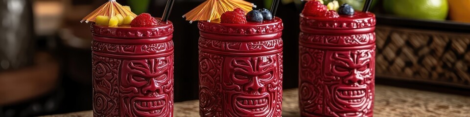 Three ornate, red tiki mugs filled with a vibrant red fruit cocktail, garnished with tropical fruits and paper umbrellas