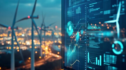 Night City Wind Turbine Energy Data Monitoring Display