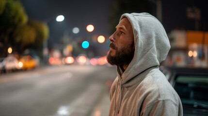 Under the dim glow of streetlights, a man in a gray hoodie stands on a nearly deserted street, lost in thought amidst the soft hum of passing cars. His gaze is upward, pondering