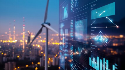Night Cityscape with Wind Turbines and Digital Energy Data Display