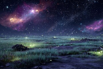 Starlit landscape with glowing flora under a cosmic sky at nighttime