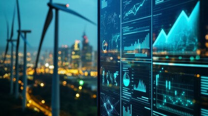 Night Cityscape with Wind Turbines and Futuristic Data Display