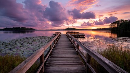 Serene sunset over a tranquil lake with a wooden pier, perfect for relaxation and contemplation; ideal for use in peaceful scenes, tourism promotion, or nature photography