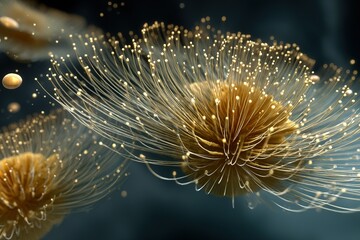 Golden tendrils of marine life float gracefully in the depths of an underwater ecosystem