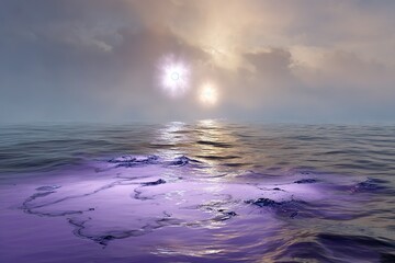 Obraz premium Calm ocean with purple hues reflecting a dual sunset on the horizon under a misty sky