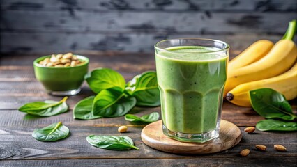 A glass of vibrant green smoothie with a banana and almond milk base topped with fresh spinach leaves , spinach