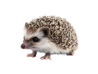 Focused image of a young hedgehog, showcasing its characteristic spines and fur.  Its posture is alert, with a direct gaze.