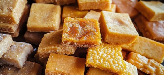 Colorful assortment of homemade fudge blocks arranged together in a visually appealing display showcasing various textures and flavors for dessert lovers.