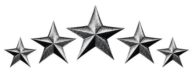Five stars customer product rating review.3d star shape with stipple dots photocopy effect.  in gritty gradient texture.	
