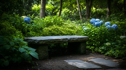 An old stone bench surrounded by blooming hydrangeas in a tranquil park.