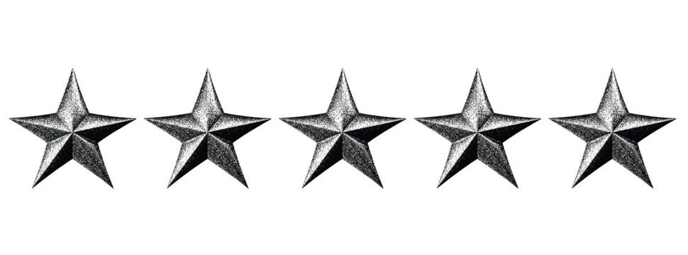 Five stars customer product rating review.3d star shape with stipple dots photocopy effect.  in gritty gradient texture.