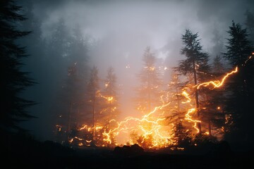 Forest fire illuminates the night sky with bright flames and smoke in a dense woodland area