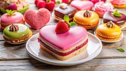 Pink Heart-Shaped Dessert on Elegant Plate , Colorful Pastries