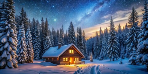 Fototapeta premium Cozy winter retreat surrounded by towering pine trees and twinkling stars in a serene forest atmosphere at twilight, pine forest, snowy cabin