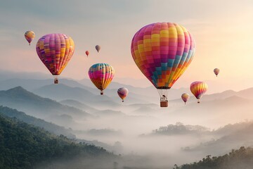 Fototapeta premium Colorful hot air balloons floating over misty mountains at sunrise