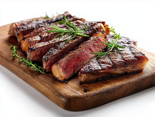 Sliced juicy steak cooked medium-rare, placed on a rustic wooden serving board, garnished with fresh herbs like rosemary and thyme. The steak is glistening with perfect grill marks and a tender pink c
