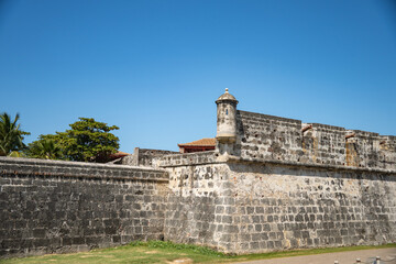 Guard tower on a corner of the old city walls of the historic Old Town, in Cartagena, Colombia