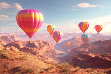 Obraz premium Colorful hot air balloons soaring over majestic canyons at sunset