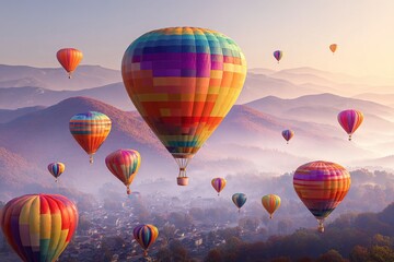 Obraz premium Colorful hot air balloons rise over a misty valley at sunrise, creating a stunning visual display against the backdrop of distant mountains