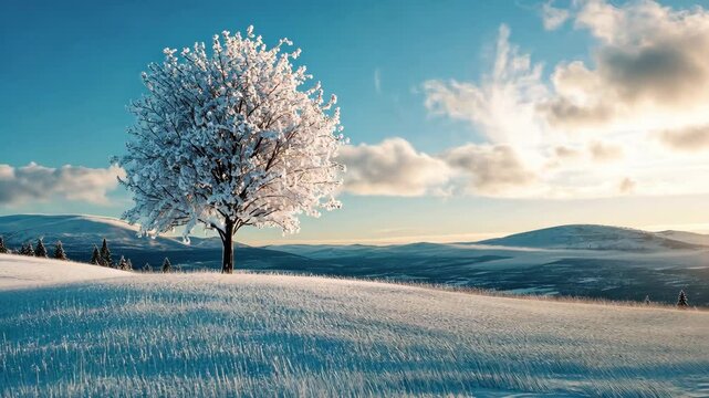 Lone tree in snowy winter landscape under blue sky with rolling clouds