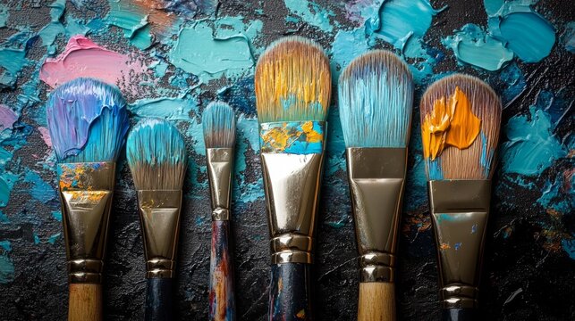 Assorted paintbrushes with colorful paint on textured canvas background close-up view.