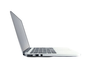 Profile shot of a contemporary laptop computer, showing the keyboard and screen. The device's silver color and sleek design are highlighted.