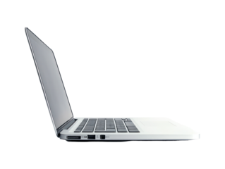 Profile shot of a contemporary laptop computer, showing the keyboard and screen. The device's silver color and sleek design are highlighted.