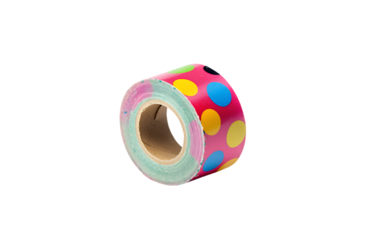 Transparent background colorful polka dot tape on a roll with bright hues