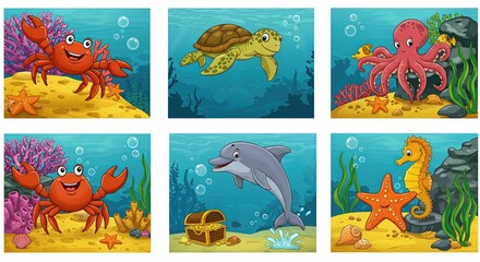 Playful Cartoon Sea Creatures in Vibrant Underwater Scene