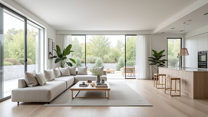 Fototapeta premium Interior View of Living Room with Sectional Sofa, Open to Kitchen and Outdoor Garden.