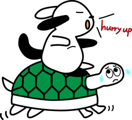 귀여운 강아지가 거북이를 타고 가는 모습