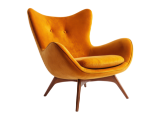 Single,  orange  armchair  featuring  a  mid-century  modern  style  and  soft,  cushioned  upholstery.  Its  warm  color  and  smooth  lines  create  an  inviting  visual.