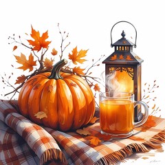 Watercolor enjoying autumn with warm drink, pumpkin, and lantern on a cozy plaid blanket in the golden leaves of fall