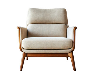 Cream-colored upholstered armchair with a simple, classic design, featuring wooden legs and a supportive back.  The soft fabric and neutral tone create a welcoming and relaxing atmosphere.