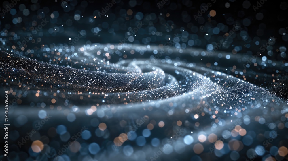 Poster sparse with spiraling trail of particles glowing dots setting against dark background in depth and m