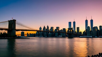 Obraz premium Brooklyn Bridge and Manhattan skyline viewed across river at twilight with calm waters