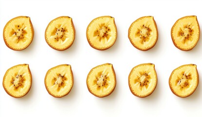 Overhead View of Twelve Banana Slices on White Background