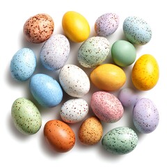 A collection of colorful, speckled Easter eggs isolated on a clean white background