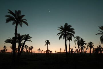 Obraz premium Palm trees silhouetted against a colorful twilight sky in a desert landscape with a crescent moon