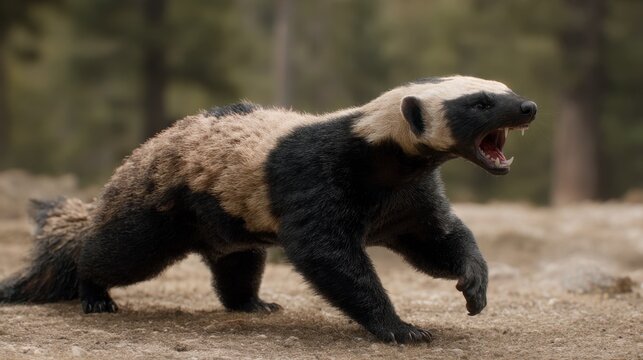 Aggressive Honey Badger Charging, Tan & Black Fur, Open Mouth, Forest Background - Powered by Adobe