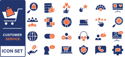 Customer service icon set. Containing customer satisfied, assistance, experience, feedback, operator and technical support icons.