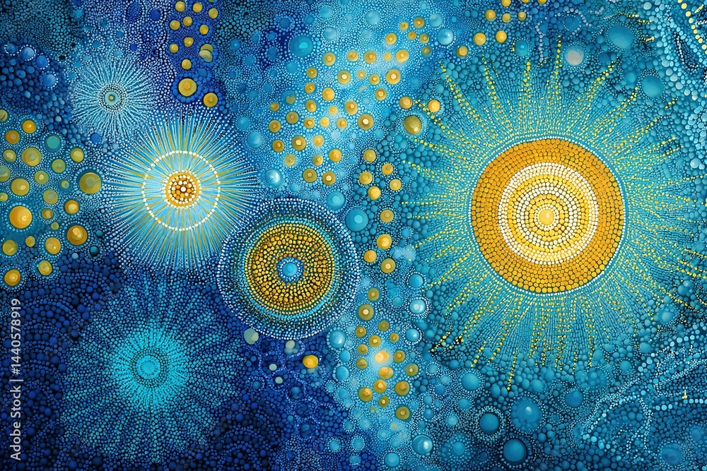 Wall mural exploring vibrant cosmic patterns in an abstract art composition with luminous celestial bodies