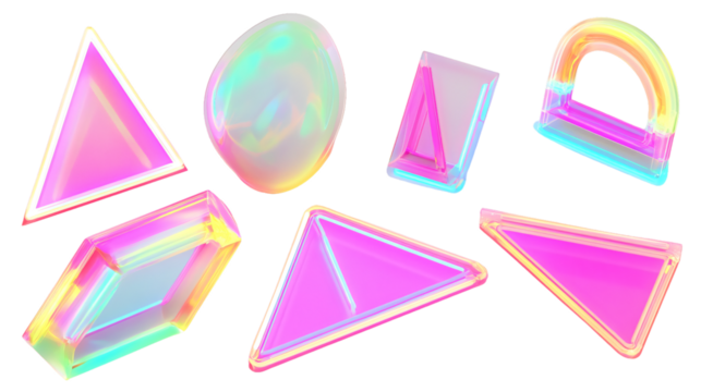 Vibrant Neon Geometric Shapes with 80s Aesthetics and LED Light