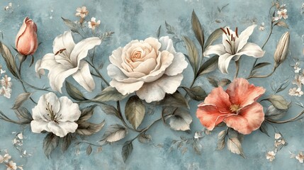 Pastel floral arrangement on textured blue background