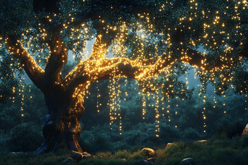 Fototapeta premium Magical glowing tree with hanging lights in a serene nighttime landscape