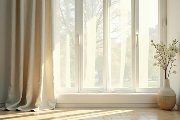 Fototapeta premium Simple, cream linen curtains, soft natural light, texture, seamless background