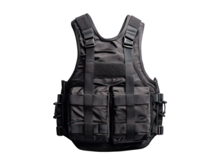 Dark-colored, modern tactical vest with various compartments and straps for mounting equipment. 